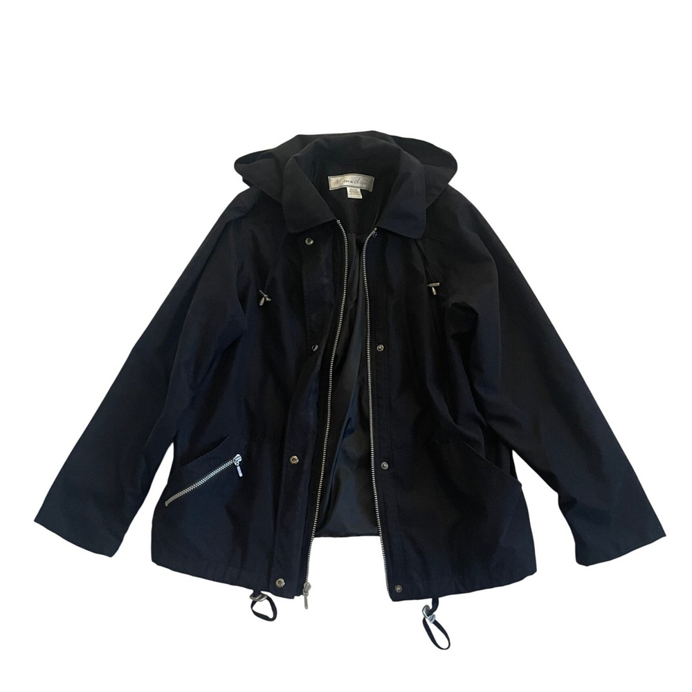 Black Hooded Utility Jacket Full Zip Drawstring Size M by Madison